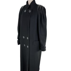 Dark Navy Wool Blend Coat Size 8 Leather Accents Lined Double Breast Long Vtg